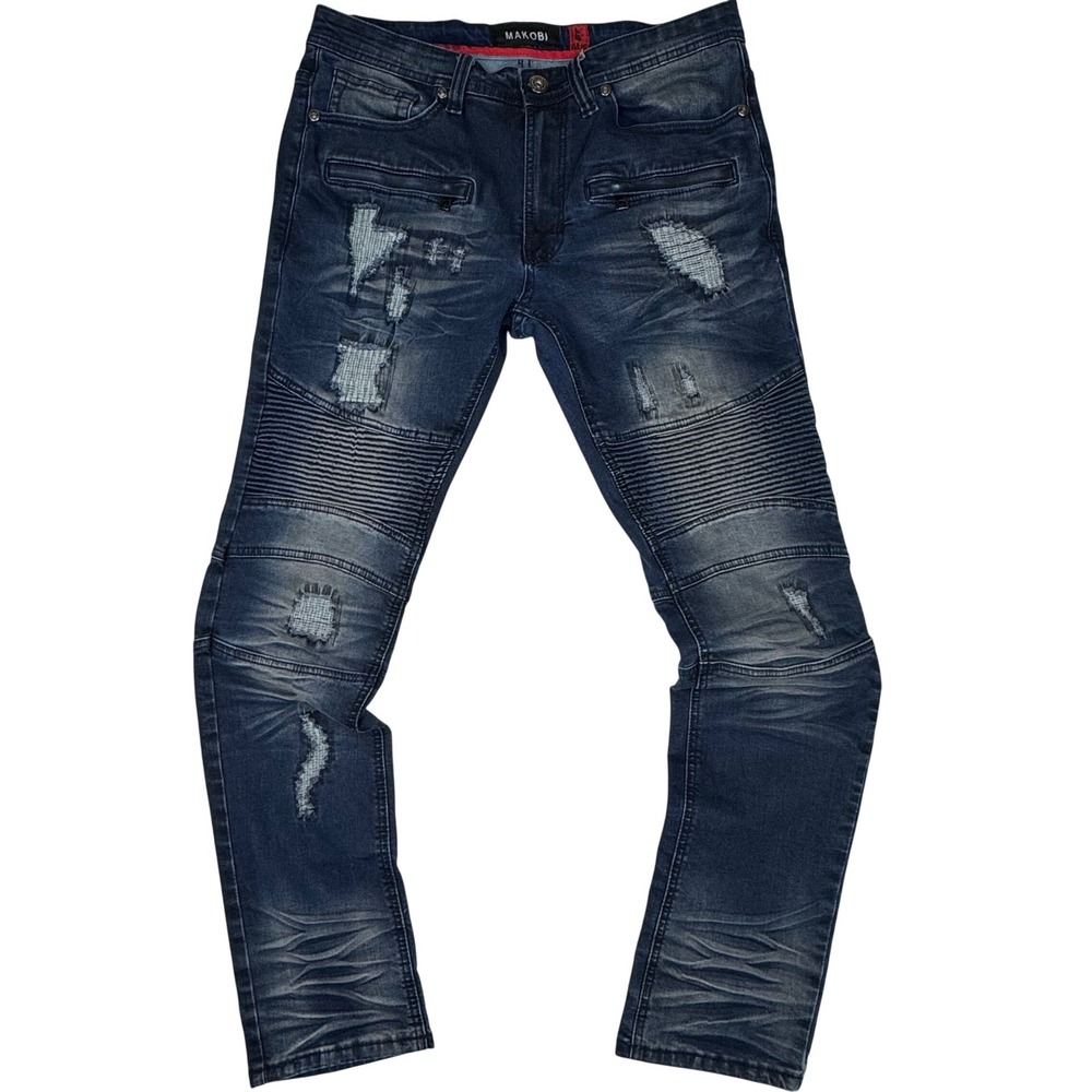 Makobi MK Biker Jeans Mens 34x32 Blue Distressed Moto Slim Fit Streetwear Urban